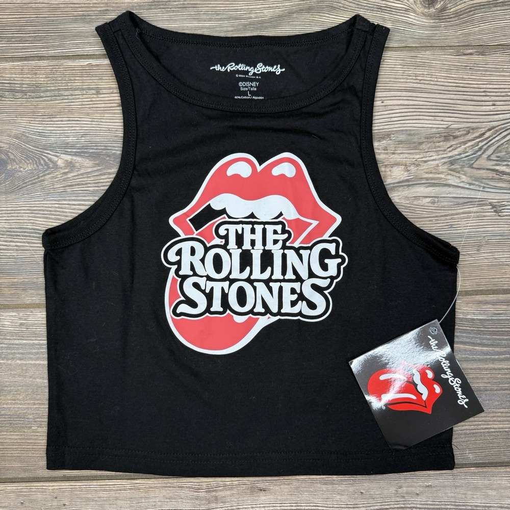 The Rolling Stones‎ Hot Lips Black Tank Crop Top Sleeveless Women's LARGE NEW